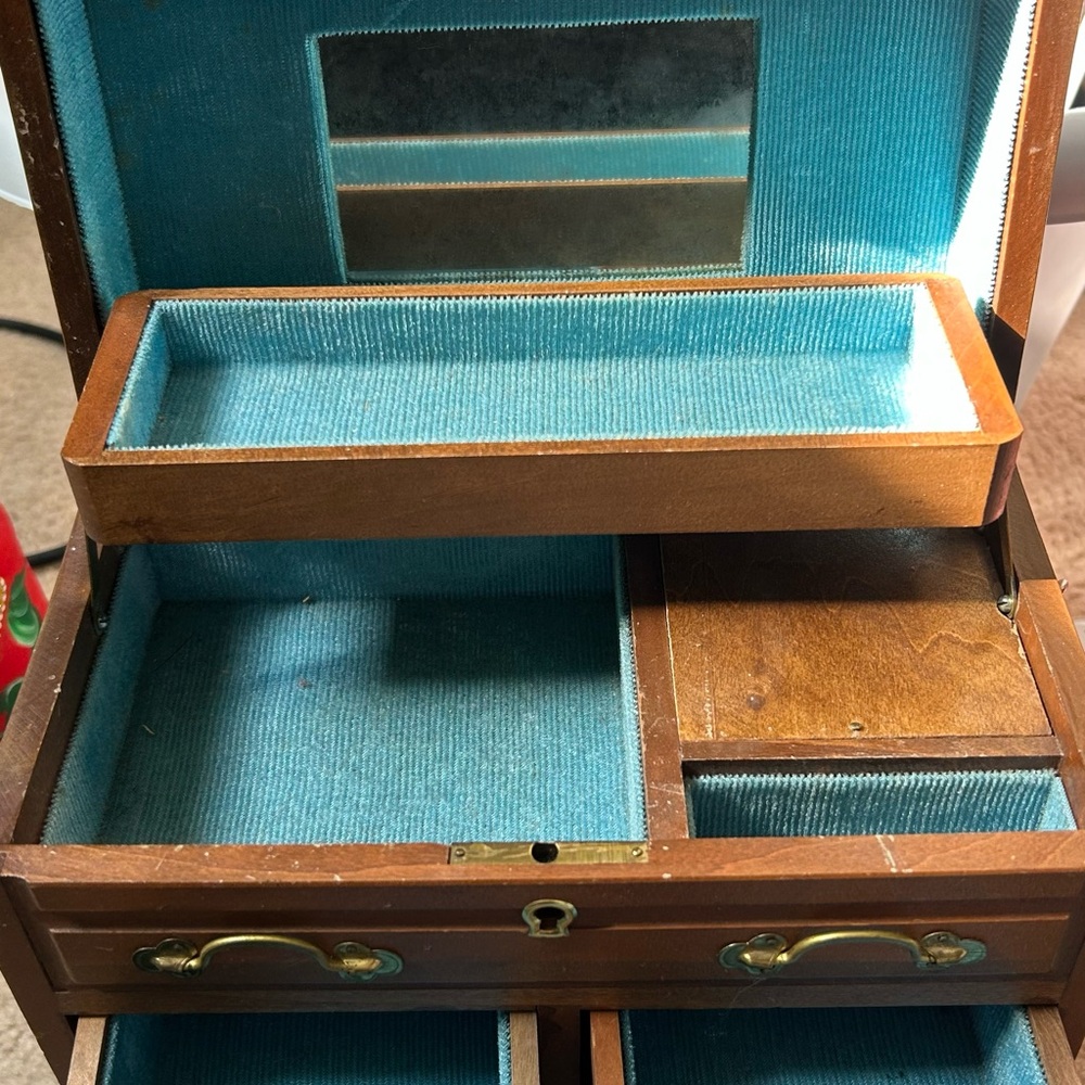Vintage Wooden Jewelry Box with Blue Lined Interior